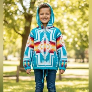 Imbawool Aztec Southwestern Hooded Cardigan Turquoise Boho Knit Sweater